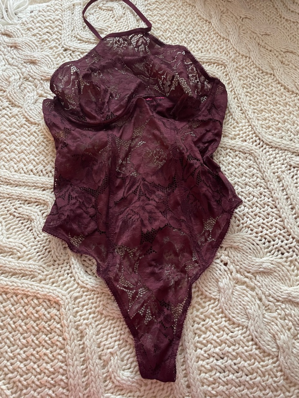 La SENZA Lace Halter Bodysuit in Burgundy
